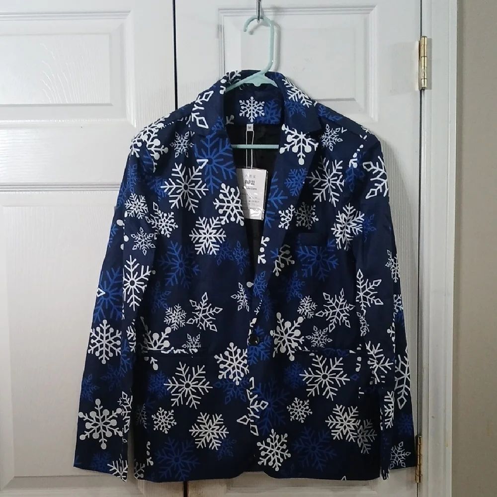 Snowflake print blue white festive holiday winter blazer suit jacket Sz M NWT